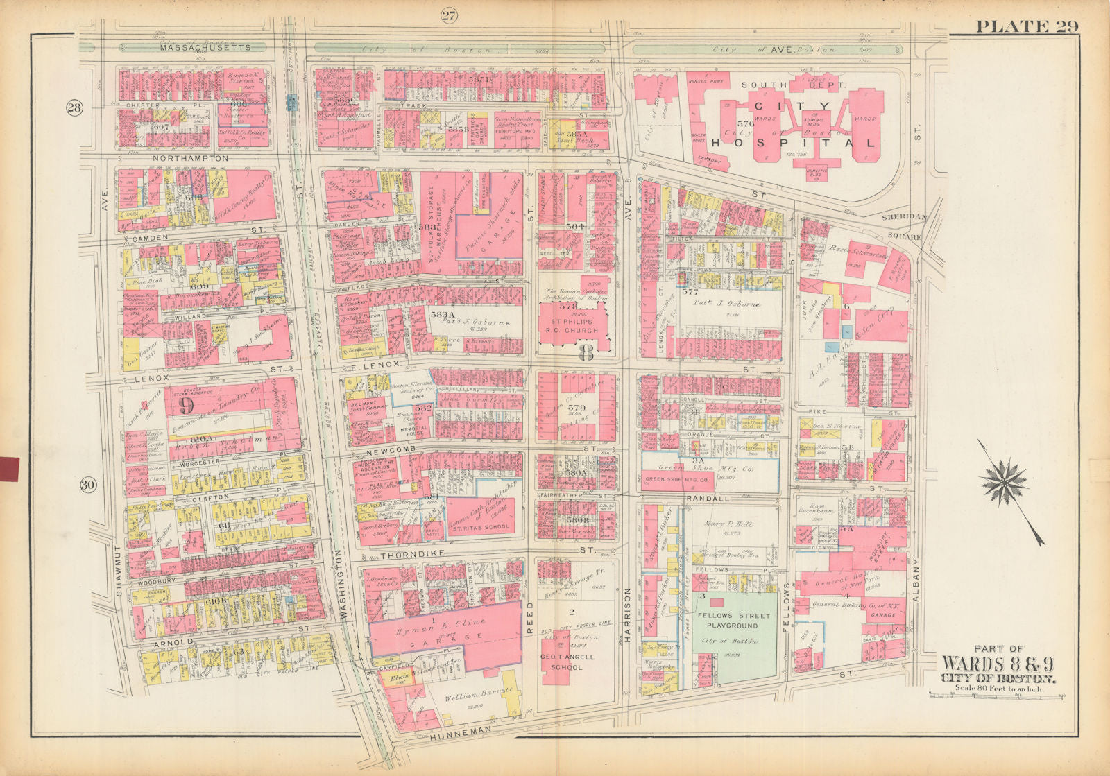 Boston #29 Lower Roxbury/SoWa. Shawmut-Albany. City Hospital. BROMLEY 1928 map